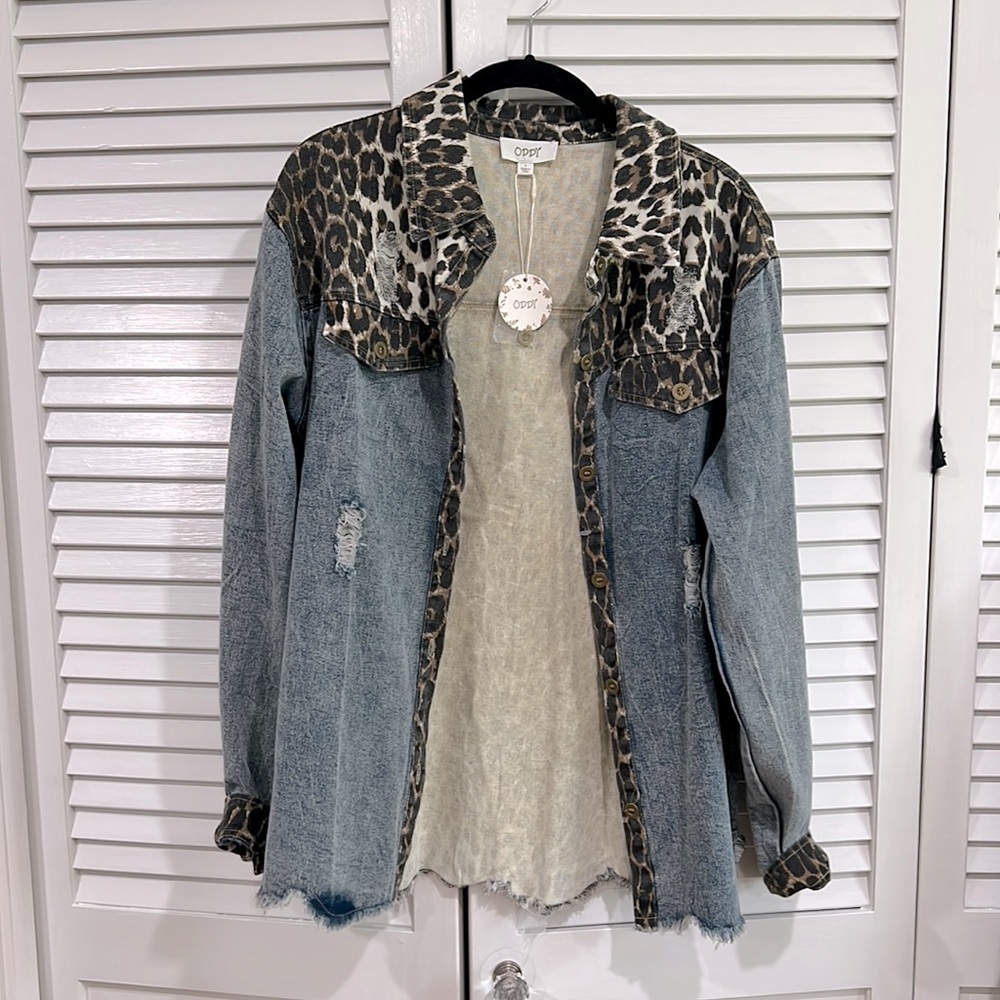 ODDI Distressed denim and leopard Jacket